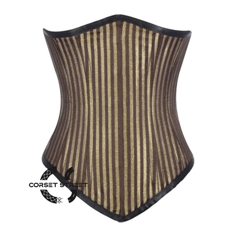 Brown and Golden Brocade With Front Close Gothic Long Underbust Waist Training Corset