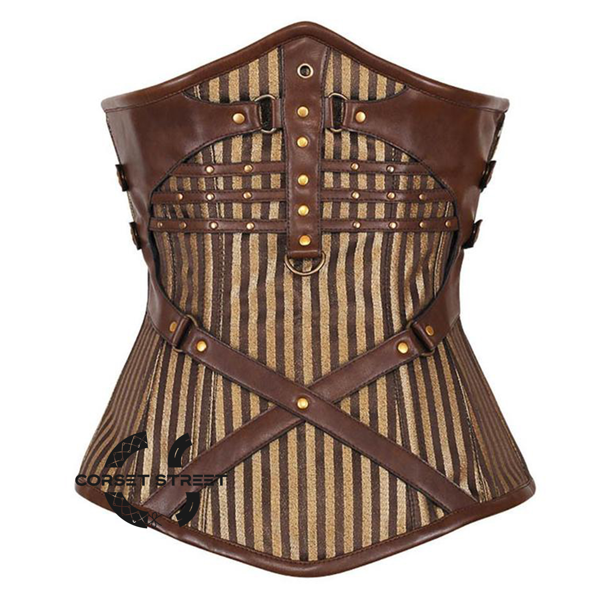Brown and Golden Brocade With Brown Faux Leather Steampunk Costume Underbust Waist Training Corset