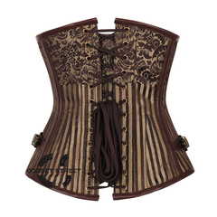 Brown and Golden Brocade With Brown Faux Leather Steampunk Heavy Duty Underbust Corset