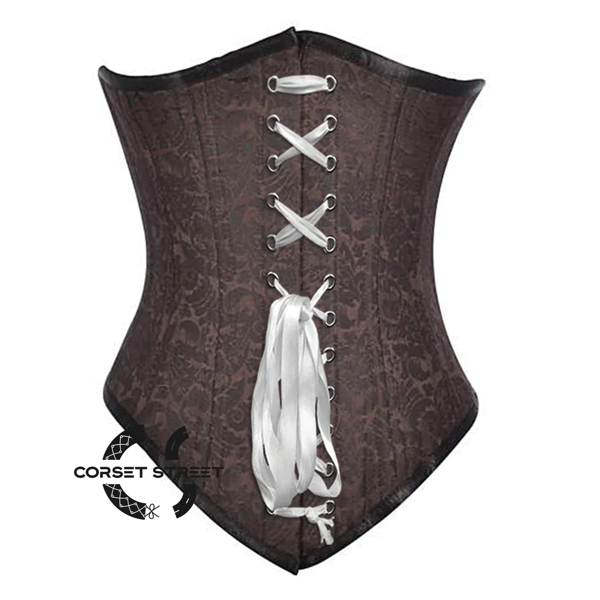 Brown Brocade With White Lace Gothic Long Underbust Waist Training Corset