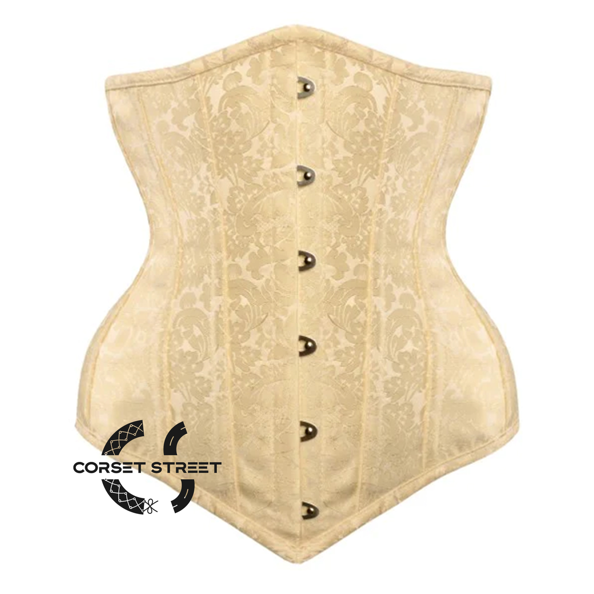 Ivory Brocade With Front Silver Busk Gothic Longline Underbust Waist Training Corset