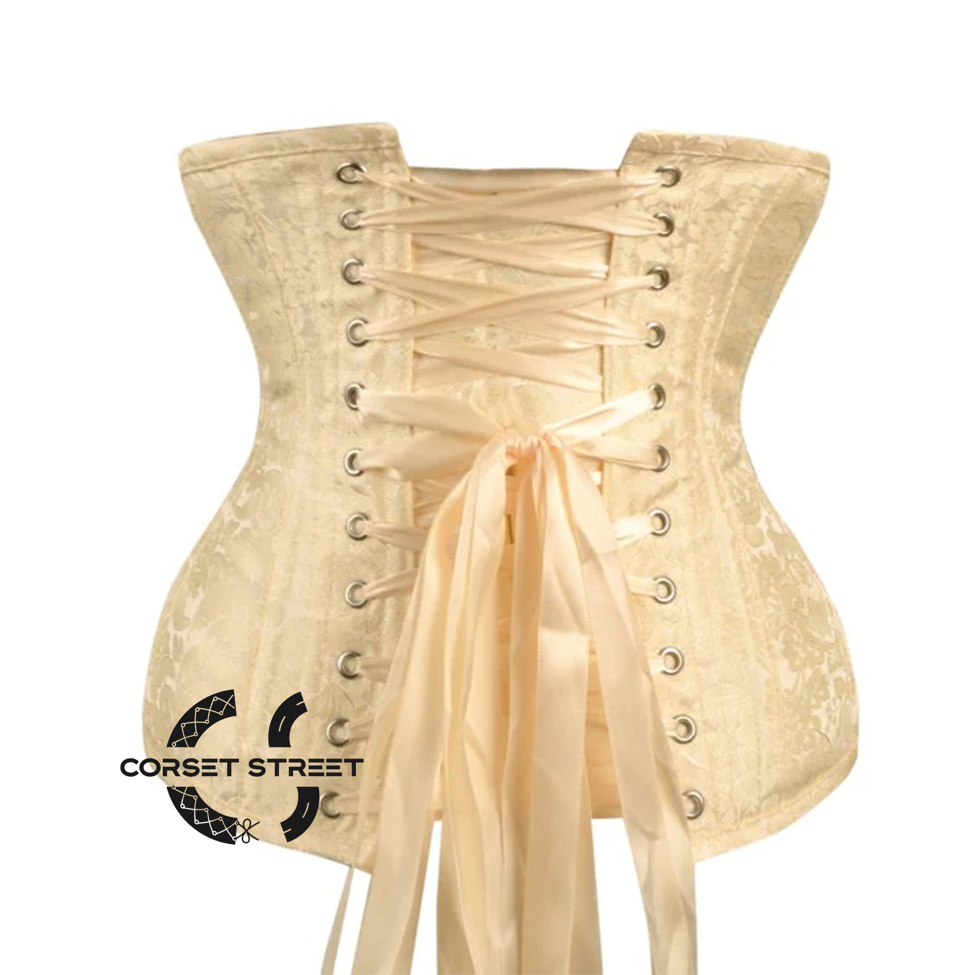 Ivory Brocade With Front Silver Busk Gothic Longline Underbust Waist Training Corset