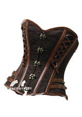 Brown Brocade Leather Straps Gothic Steampunk Bustier Waist Training Overbust Corset Top