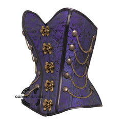 Purple and Black Brocade Steampunk Antique Clasps Waist Training Costume Gothic Corset Overbust Top