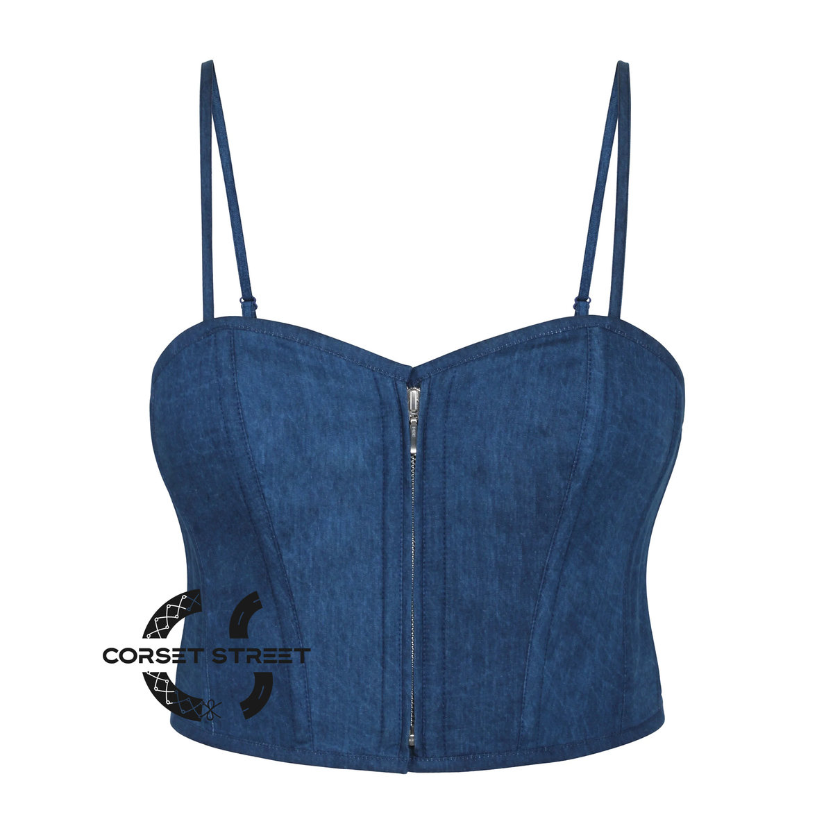 Blue Denim With Shoulder Straps Zipper Steampunk Gothic Crop Underbust Waist Training Corset