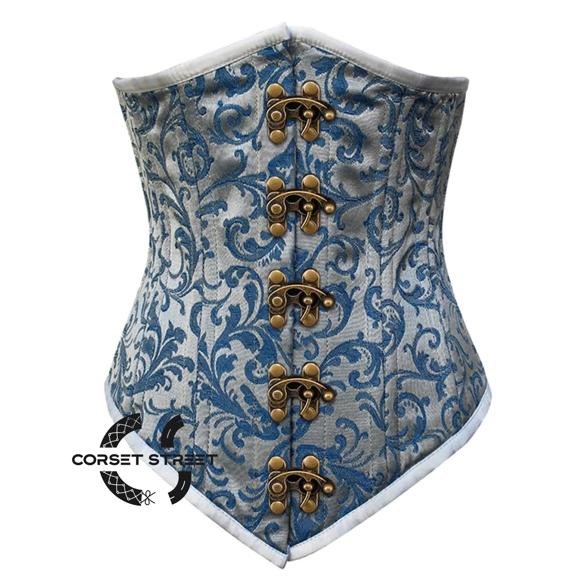 Baby Blue Brocade With Front Clasps Gothic Long Underbust Waist Training Double Bone Corset