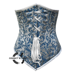 Baby Blue Brocade With White Lace Gothic Long Underbust Waist Training Double Bone Corset