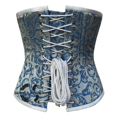 Baby Blue Brocade With White Lace Gothic Long Underbust Waist Training Double Bone Corset