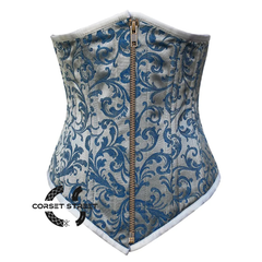 Baby Blue Brocade With Antique Zipper Gothic Long Underbust Waist Training Double Bone Corset