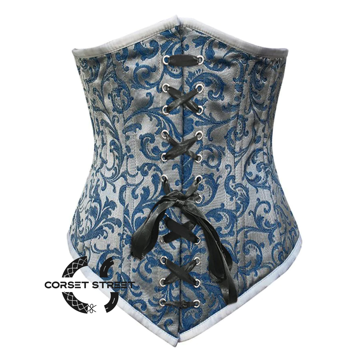 Baby Blue Brocade With Front Lace Gothic Long  Underbust Waist Training Double Bone Corset