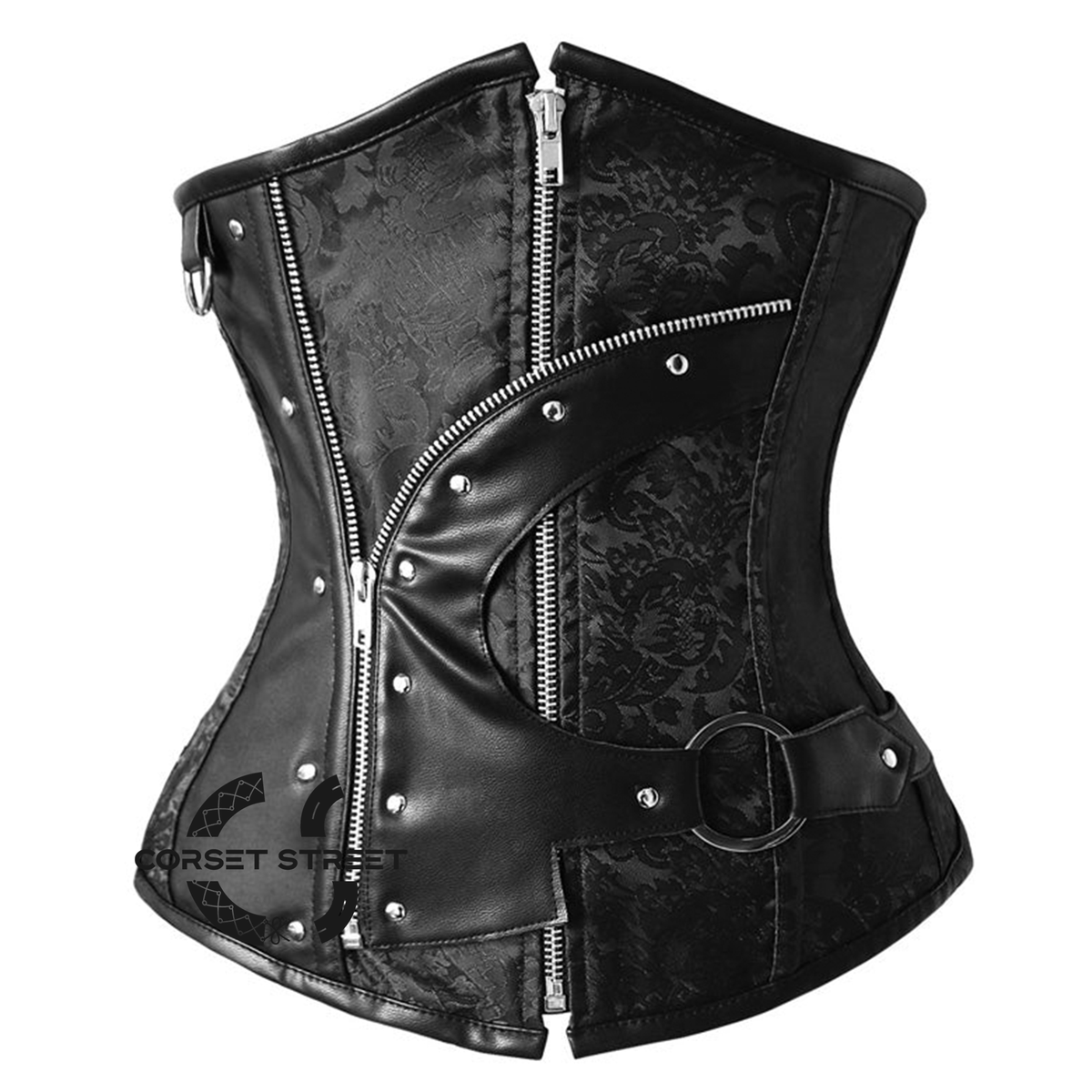 Black Brocade And Black Leather Steampunk Gothic Underbust Waist Training Corset