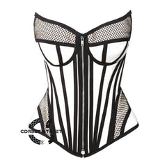 White Satin black mesh Zipper Steampunk Overbust Bustier Corset