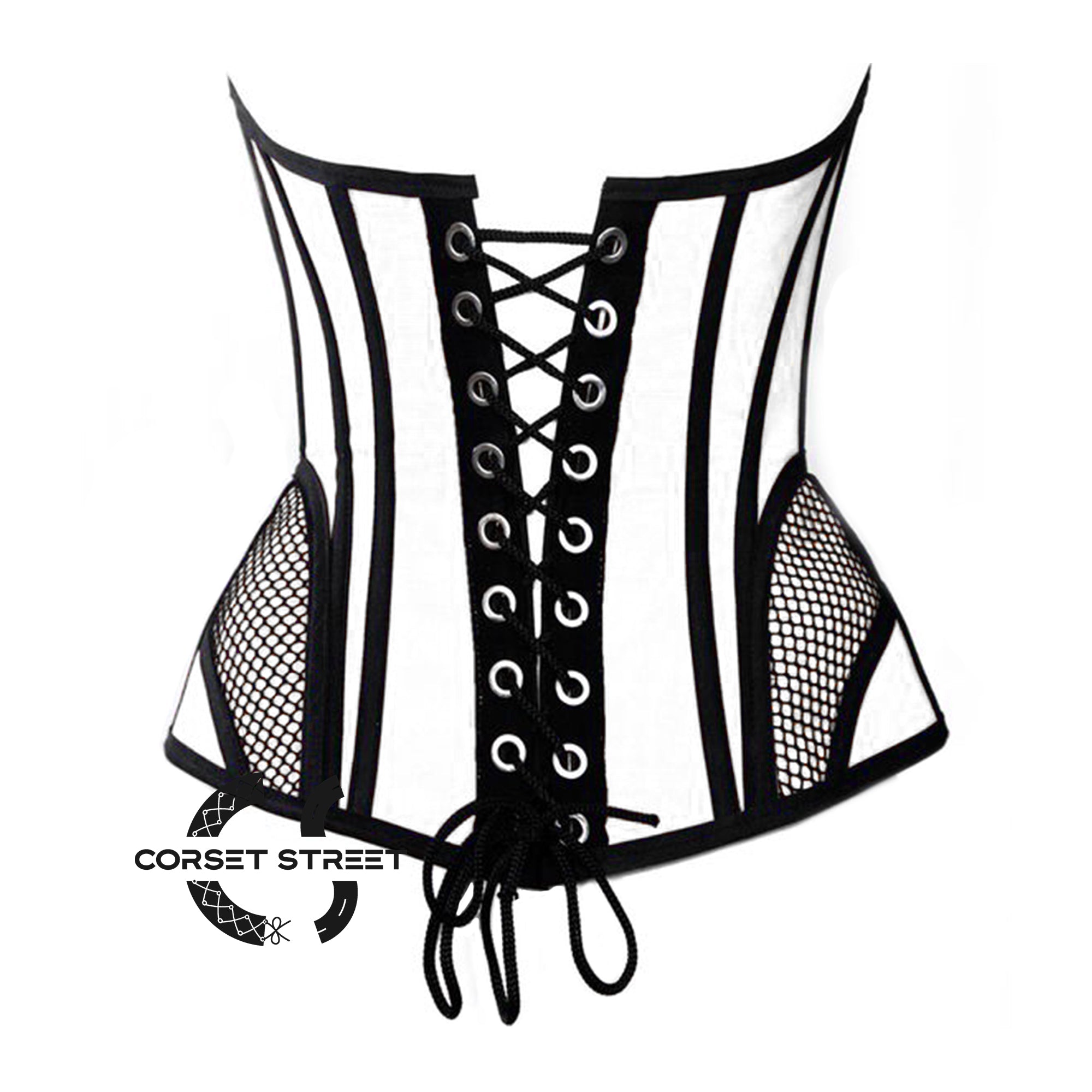 White Satin black mesh Zipper Steampunk Overbust Bustier Corset