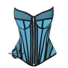 Baby Blue Satin black mesh Zipper Steampunk Overbust Bustier Corset