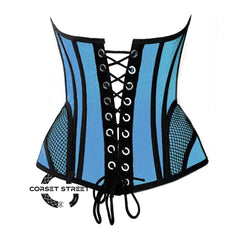 Baby Blue Satin black mesh Zipper Steampunk Overbust Bustier Corset