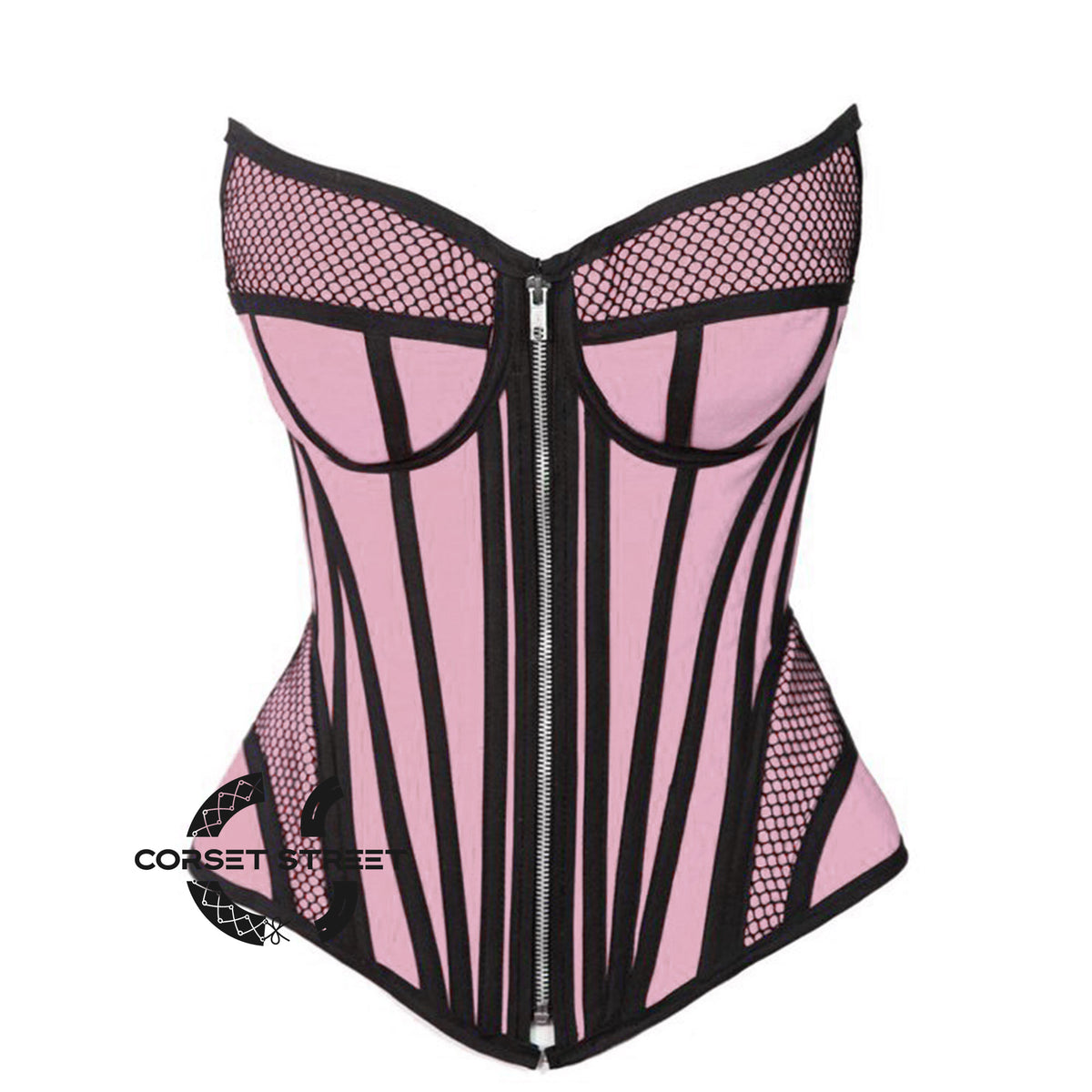 Baby Pink Satin black mesh Zipper Steampunk Overbust Bustier Corset