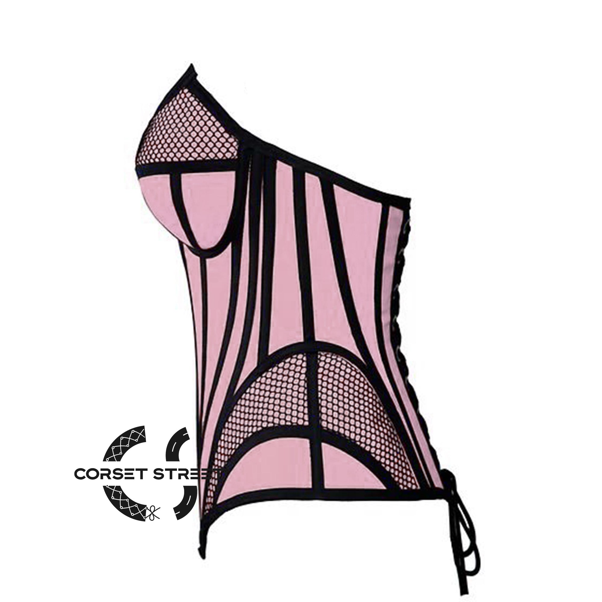 Baby Pink Satin black mesh Zipper Steampunk Overbust Bustier Corset