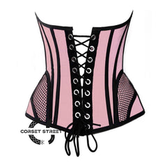 Baby Pink Satin black mesh Zipper Steampunk Overbust Bustier Corset