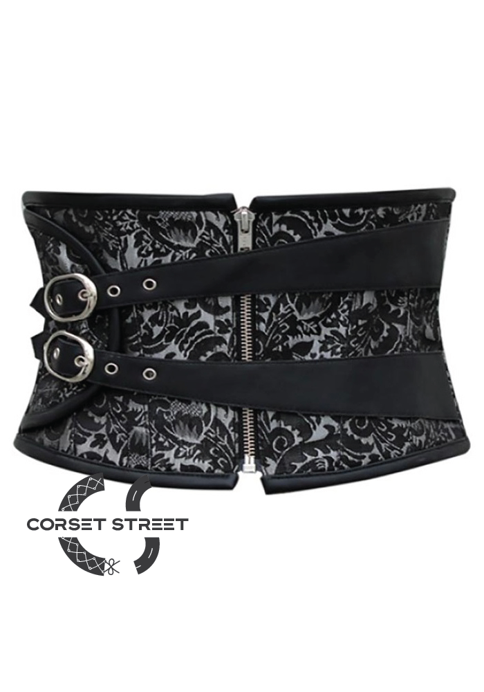 Black Brocade Leather Zipper Gothic Steampunk Bustier Waist Training Underbust Plus Size Corset Costume