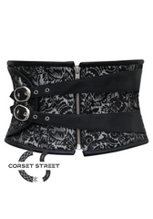 Black Brocade Leather Zipper Gothic Steampunk Bustier Waist Training Underbust Corset Costume