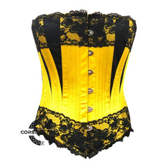 Yellow Satin Black Net Gothic Overbust Burlesque Corset Waist Training Top