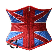 Red Blue Satin Sequins UK Flag Zipper Burlesque Gothic Underbust Corset