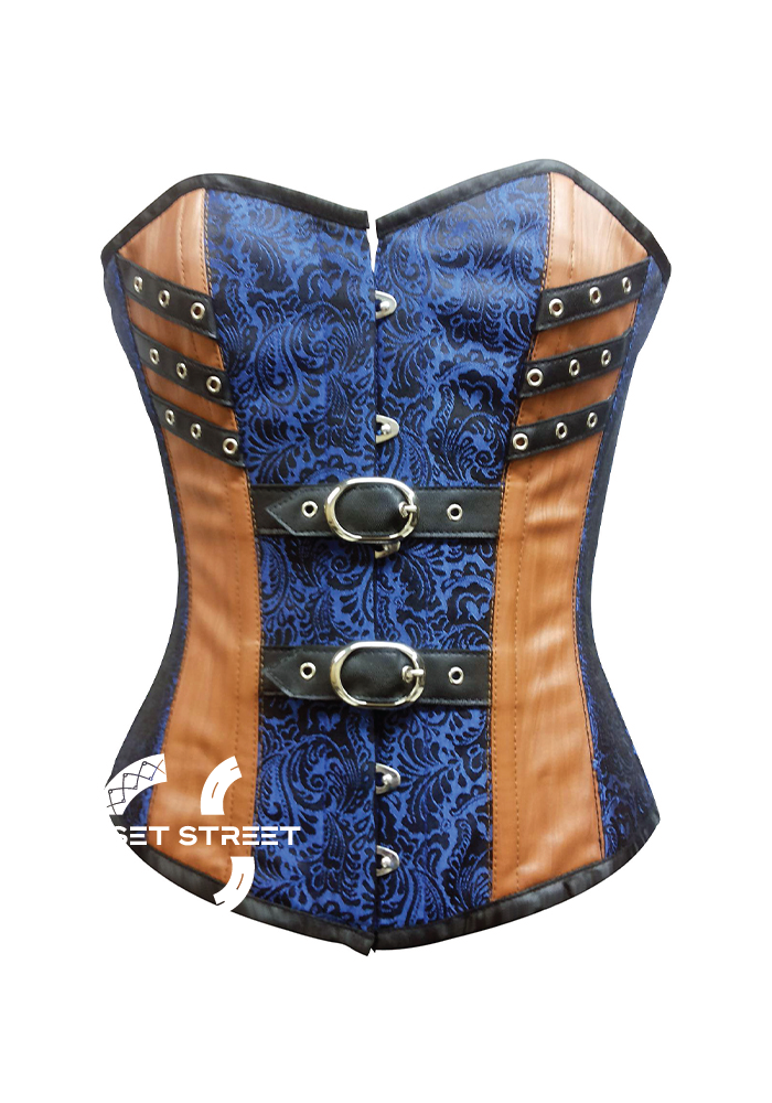 Blue Brocade Brown Leather Gothic Steampunk Bustier Waist Training Overbust Plus Size Corset Costume