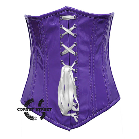 Purple PVC Leather With White Lace Gothic Long Underbust Waist Training Corset