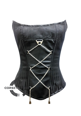 Black Brocade Laced Chain Gothic Steampunk Bustier Waist Training Burlesque Overbust Plus Size Corset Costume