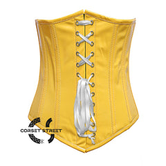 Yellow PVC Leather With White Lace Gothic Long Underbust Waist Training Corset