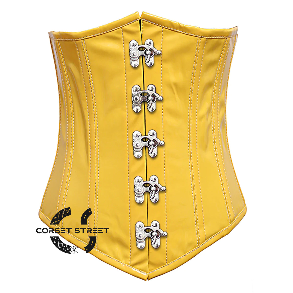 Yellow PVC Leather With Front Silver Clasps Gothic Long Underbust Waist Training Corset