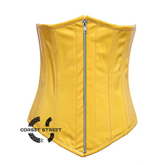 Yellow PVC Leather With Front Silver Zipper Gothic Long Underbust Waist Training Corset