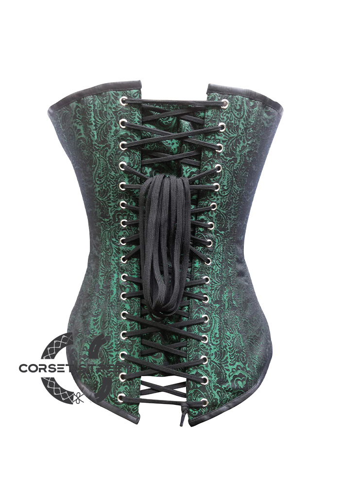 Green Brocade Gothic Steampunk Waist Training Bustiers Burlesque LONG Overbust Corset Costumes