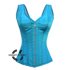 Baby Blue Satin With Front Silver Zipper Gothic Overbust Burlesque Corset Waist Training Top