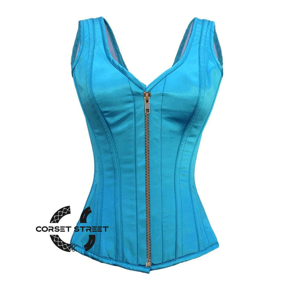 Baby Blue Satin With Antique Zipper Gothic Overbust Burlesque Corset Waist Training Top