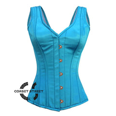 Baby Blue Satin With Front Antique Busk Gothic Overbust Burlesque Corset Waist Training Top