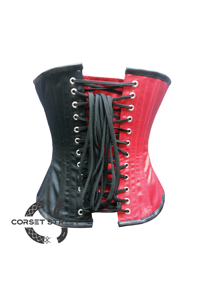 Red Black Satin Leather Belt Gothic Steampunk Bustier Waist Training Burlesque Overbust Corset Costume