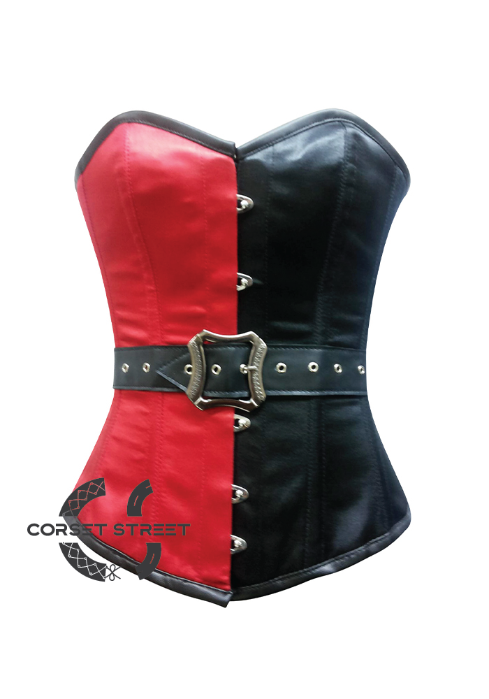 Red Black Satin Leather Belt Gothic Steampunk Bustier Waist Training Burlesque Overbust Corset Costume