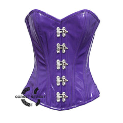 Purple PVC Leather With Front Silver Clasps Gothic Overbust Burlesque Corset Waist Training Top