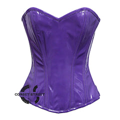 Purple PVC Leather With Front Close Gothic Overbust Burlesque Corset Waist Training Top