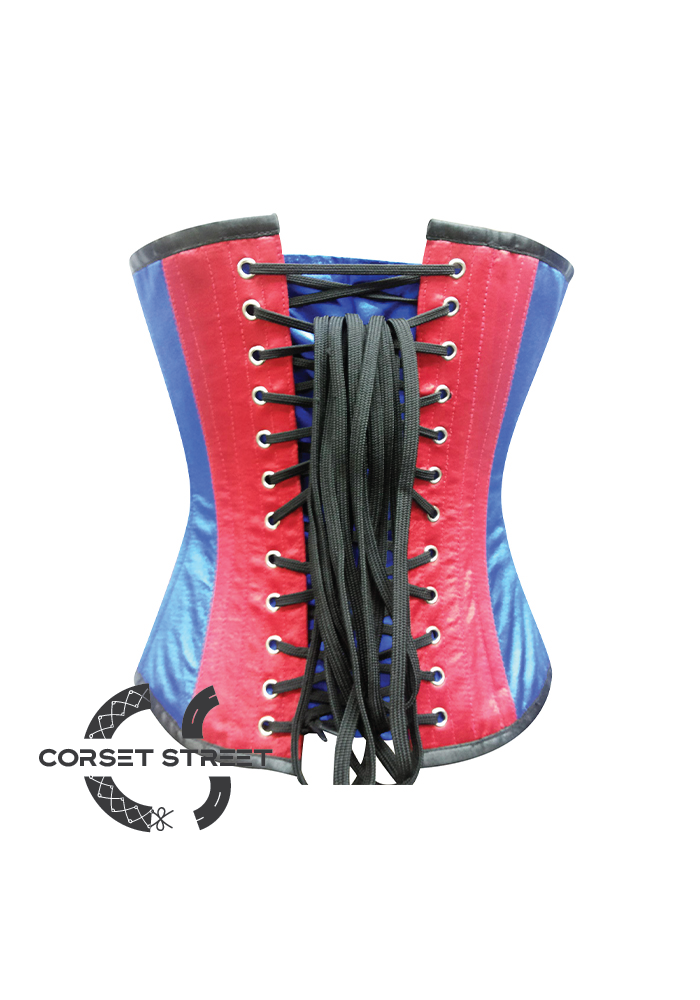 Red Blue Satin V Leather Straps Gothic Steampunk Waist Training Bustier Burlesque Overbust Corset Costume