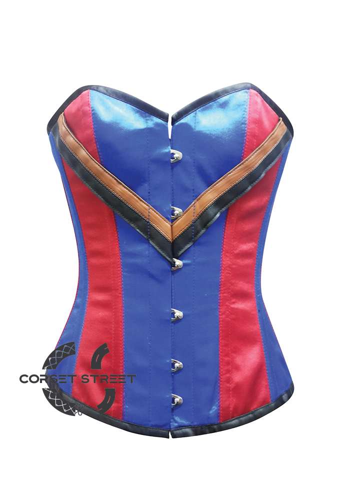 Red Blue Satin V Leather Straps Gothic Steampunk Waist Training Bustier Burlesque Overbust Corset Costume
