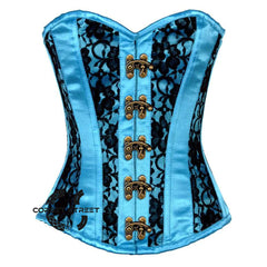 Baby Blue Satin With Black Net Front Clasps Gothic Overbust Burlesque Corset