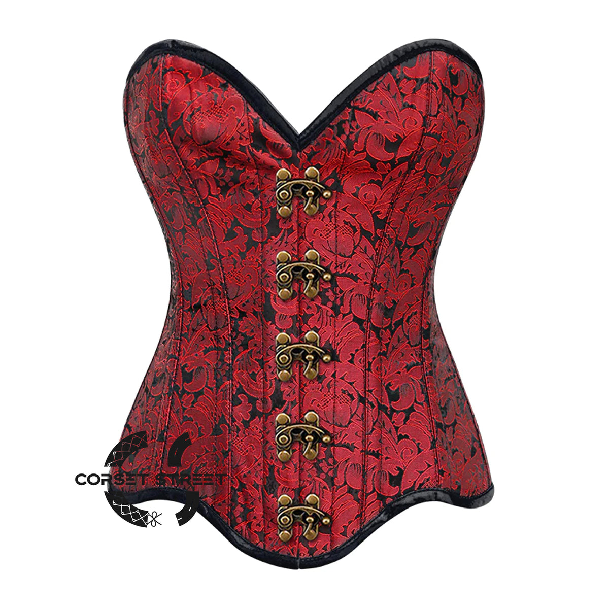 Red Brocade Curvy Design Front Antique Clasp Steampunk Gothic Overbust Corset