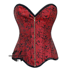 Red Brocade Curvy Design Front Zipper Steampunk Gothic Overbust Corset