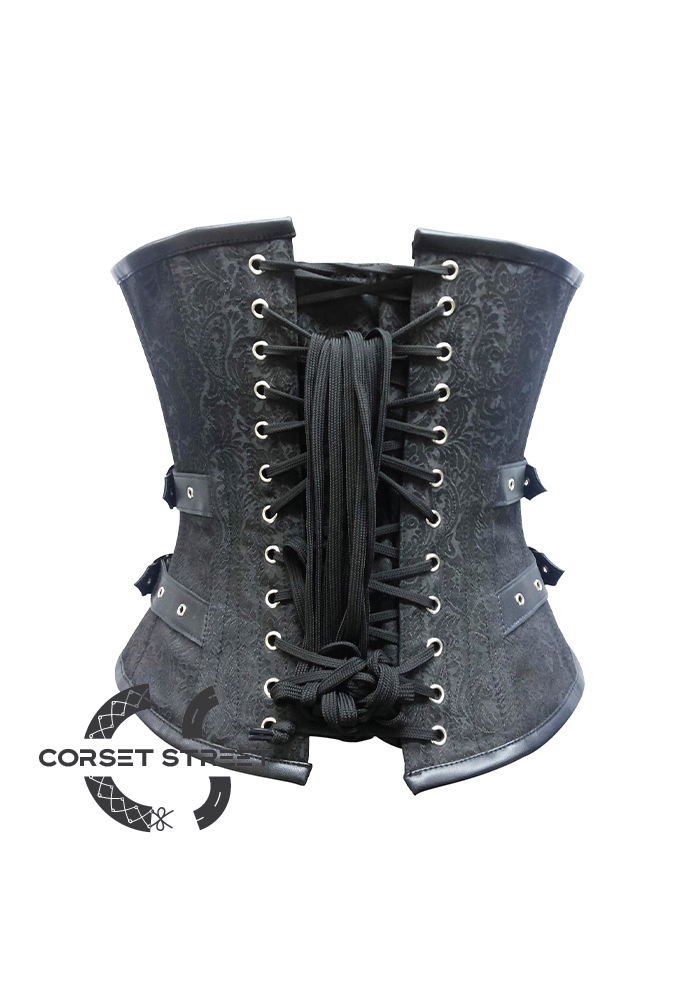 Black Brocade Leather Zipper Laces Gothic Steampunk Bustier Burlesque Overbust Corset Costume