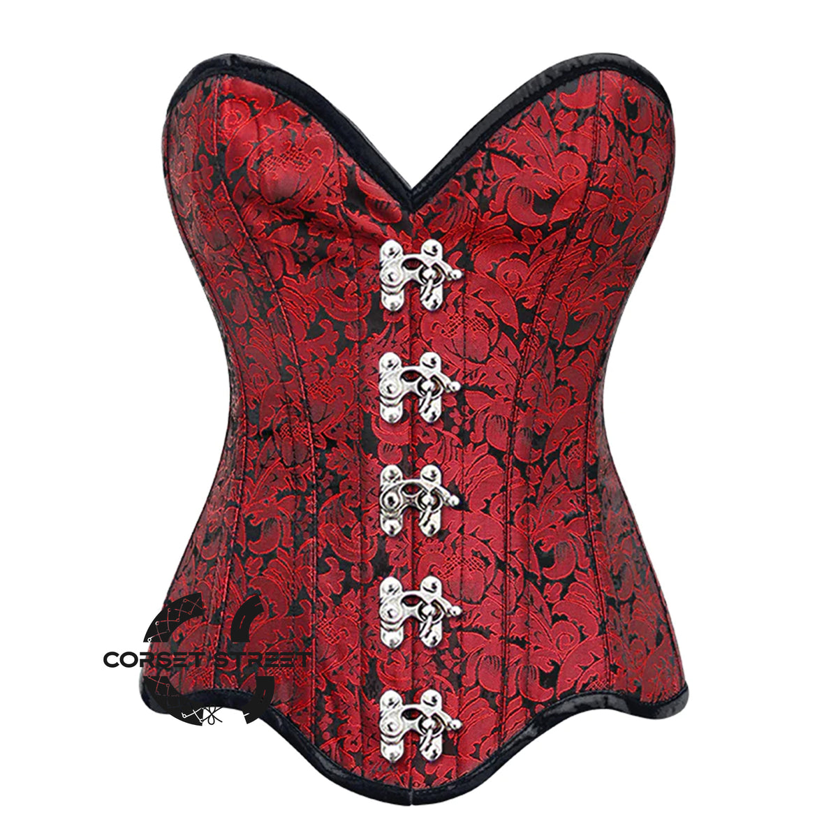 Red Brocade Bottom With Curvy Design Front Clasps Steampunk Gothic Overbust Corset