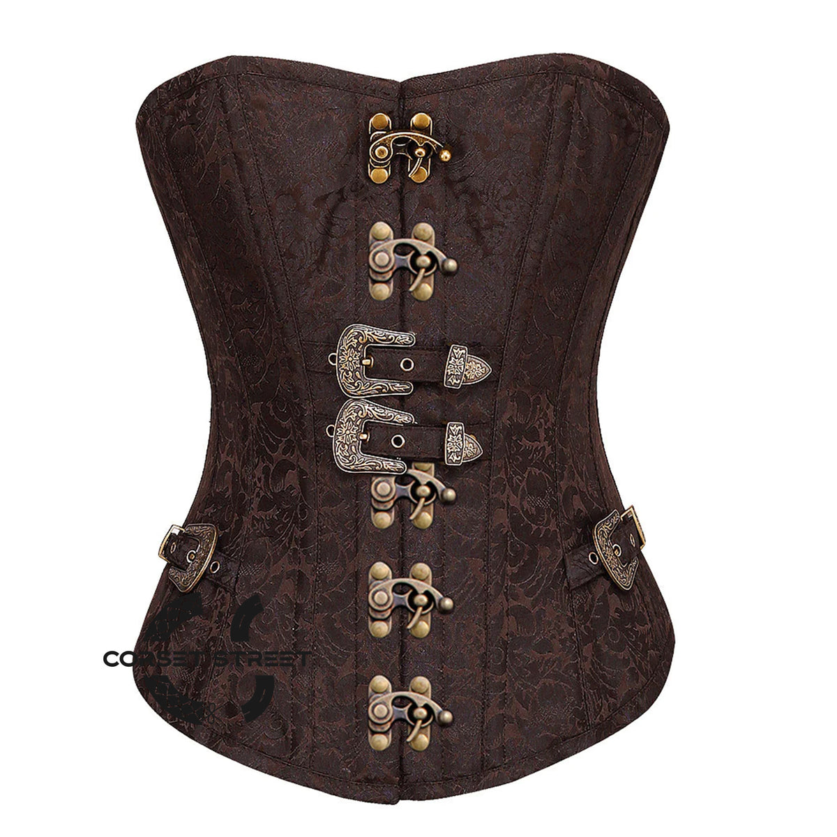 Brown Brocade Steampunk Front Antique Clasps Gothic Overbust Corset