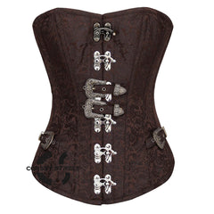 Brown Brocade Steampunk Front Silver Clasps Gothic Overbust Corset