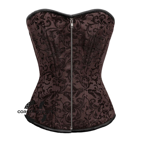 Brown Brocade Steel Boned Front Zipper Overbust Corset